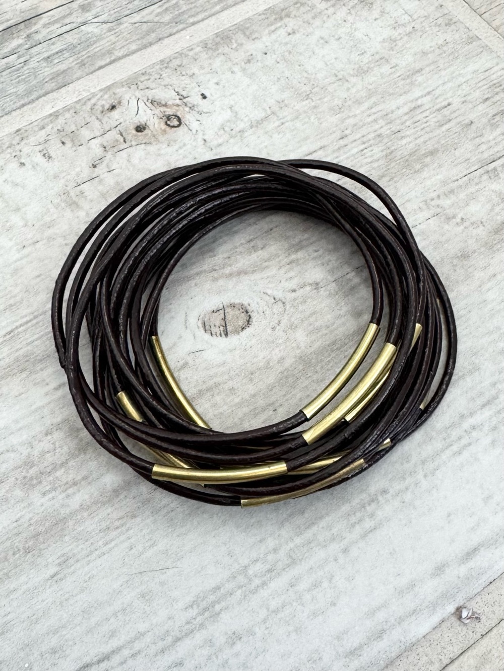 Brown Leather Gold Accent Stackable Bracelets